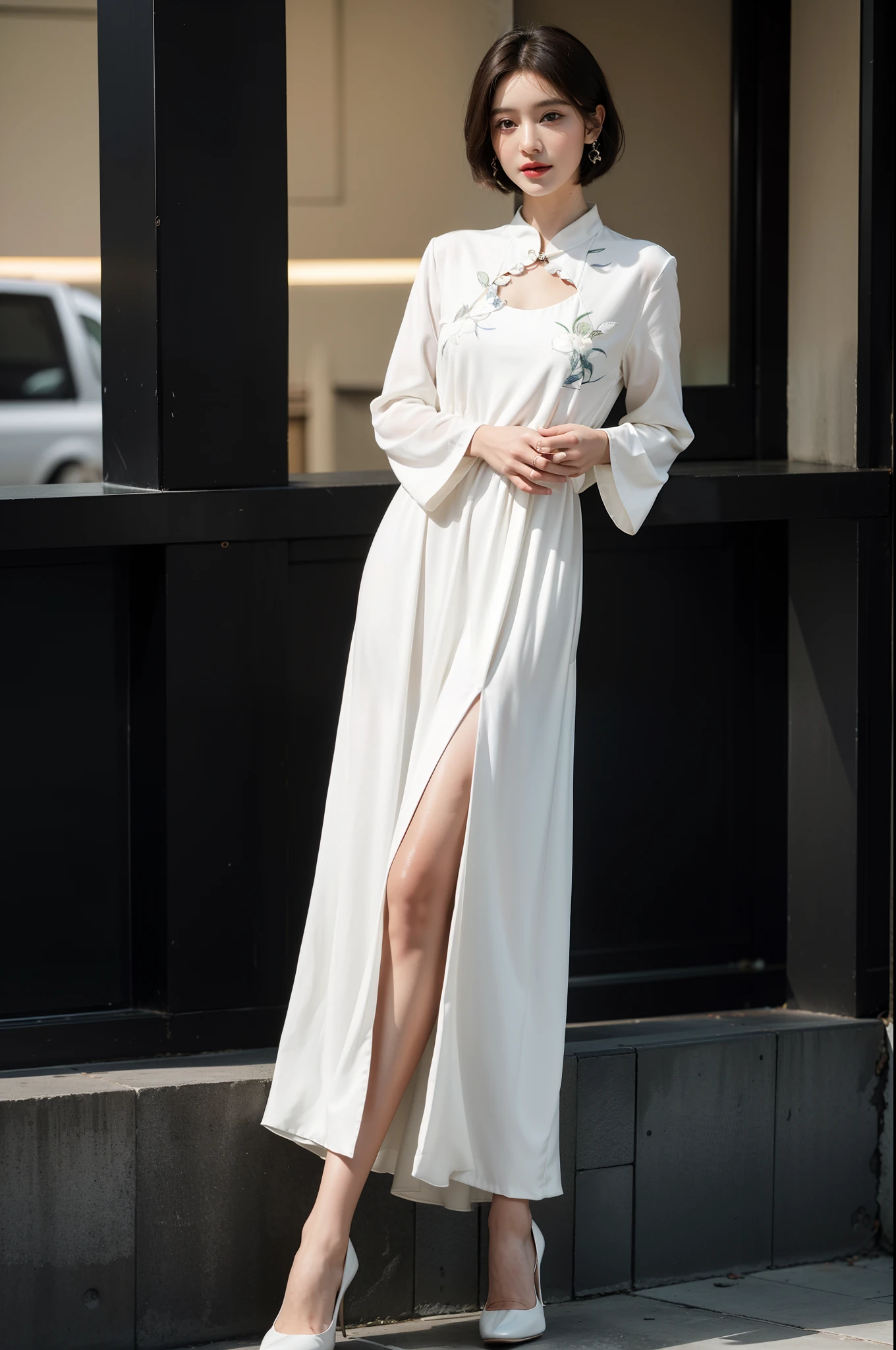 （Akusema long-sleeved printed porcelain dress），1 rapariga，The upper part of the body，high-heels，（short detailed hair：1.1），（realisticlying：1.7），（（best qualtiy）），absurderes，（超高分辨率），（realisticlying：1.6），realisticlying，rendering by octane，（Hyper-realistic：1.2），（photo-realistic face：1.2），（8k），（4k），（tmasterpiece），（realistic skin textures），（illustratio，cinmatic lighting，the wallpaper），（beautidful eyes：1.2），（（（（s the perfect face）））），（adolable），（standing on your feet），（brunette color hair），（short detailed hair），黑The eye，Redlip，（exteriors），huge tit，