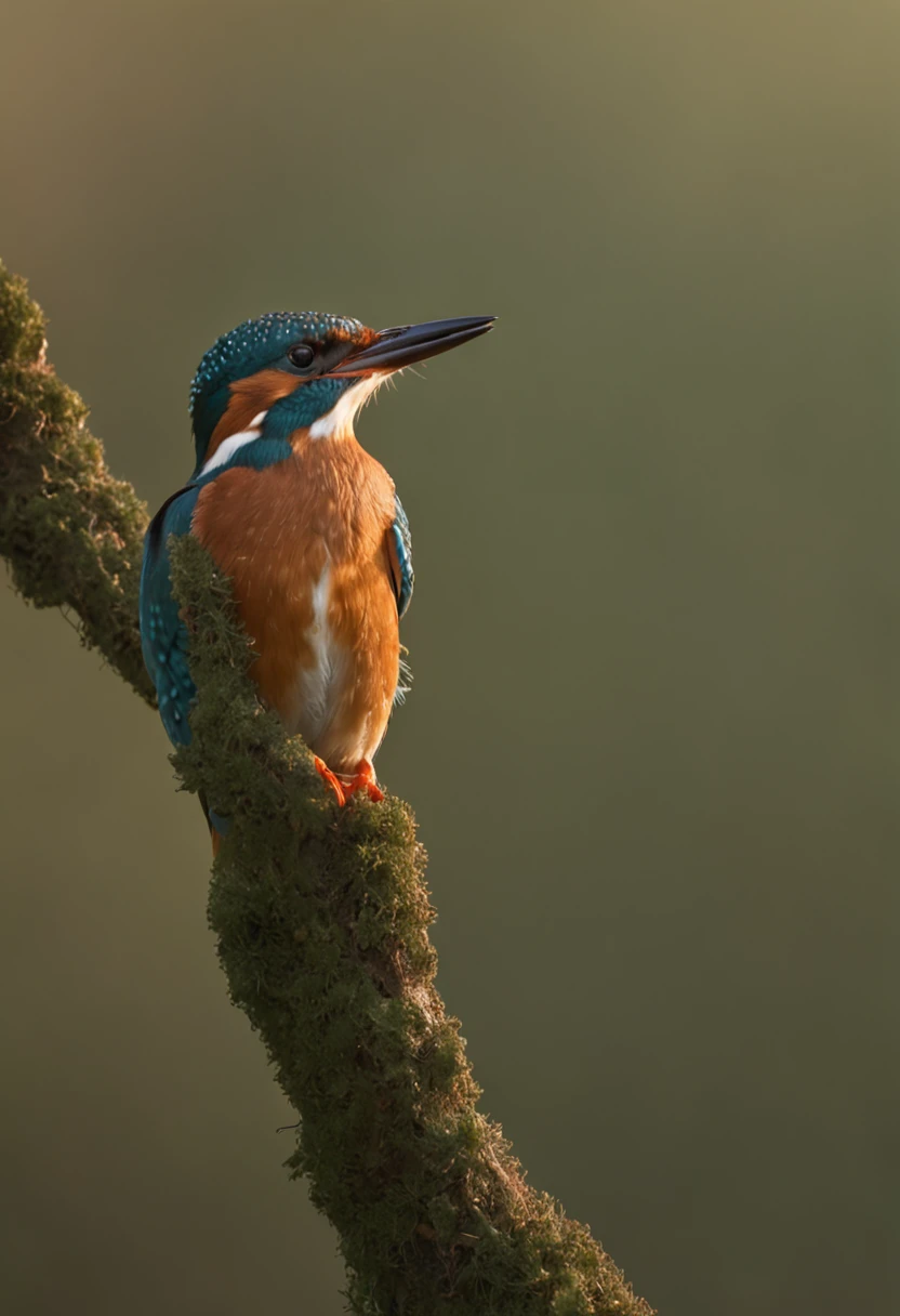 A kingfisher stands gracefully on a branch, Strong morning light diffuses through the mist，Slowly rising around, Highlight its intricate feathers in dramatic side lighting