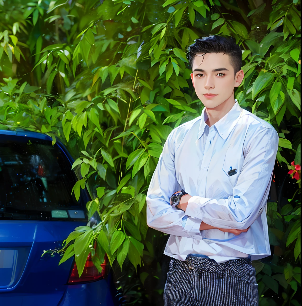 (absurdres, highres, ultra detailed, HDR), masterpiece, best quality, 1boy, handsome, short hair, finely eye and detailed face, (white t-shirt), (jean jacket), dimple, forehead, night street, night city, midnight, selfie shot, light smile
