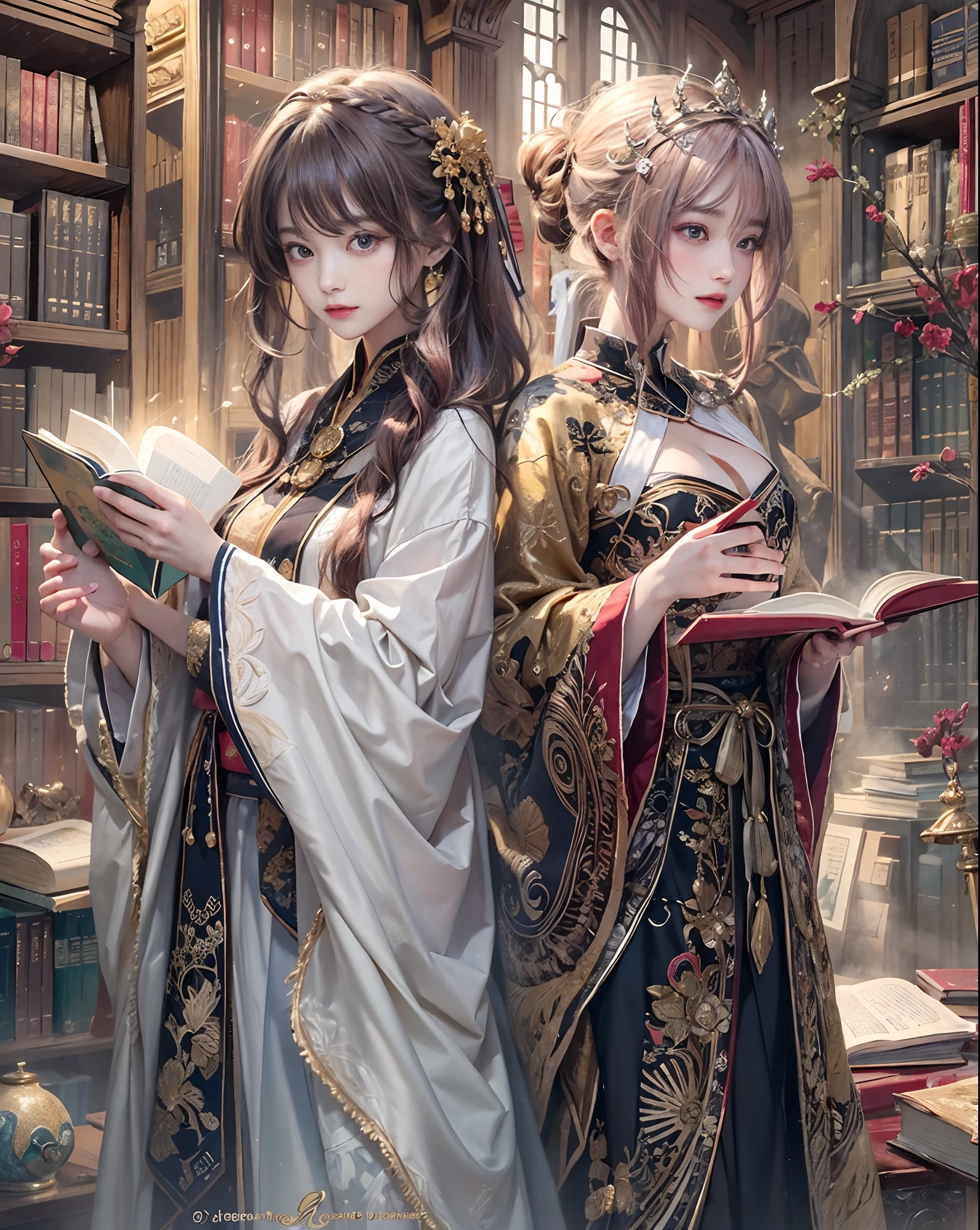 Official art、shrine maiden、The background is an ancient Roman library、You can see a lot of books and a lot of magic books.、With two beautiful women in black robes with open chests、Beautiful woman in white robe with open chest、The costumes of the two are contrasting、PerfectNwsjMajic,(​masterpiece、top-quality、top-quality、Official art、Beautifully Aesthetic:1.2)、(2girls)、ighly detailed、colourfull、highestdetailed、Official art、Unity 8k壁纸、ultra-detailliert、Beautifully Aesthetic、Beautiful face in detail、​masterpiece、top-quality、(Zentangle、a Mandala、Tangles、Entanglement)、Holy Light、pure、There are also resilient messages, Overcoming and hope. Breasts are small and B size、A slender、The chest is open、Eyes are double（A detailed eye）, Beautifully detailed、Hair that flutters in the wind、Maroon Gradient Hair Color、Hair color is contrasting、high-heels、Gold Anklet、Two people praying to a big magic book、beautifull detailed face、