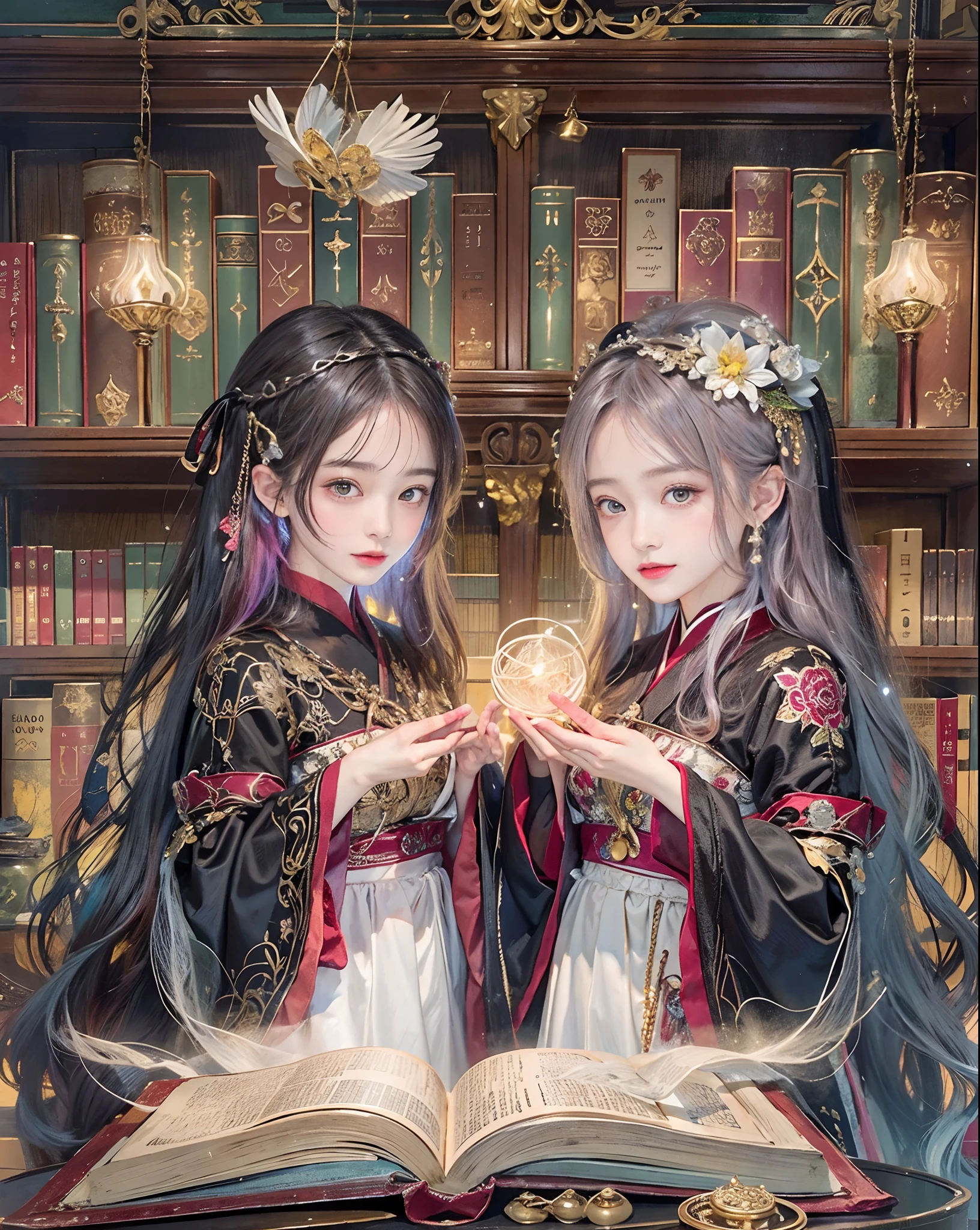 Official art、shrine maiden、The background is an ancient Roman library、You can see a lot of books and a lot of magic books.、With two beautiful women in black robes with open chests、Beautiful woman in white robe with open chest、The costumes of the two are contrasting、PerfectNwsjMajic,(masterpiece、top-quality、top-quality、Official art、Beautifully Aesthetic:1.2)、(2girls)、ighly detailed、colourfull、highestdetailed、Official art、Unity 8k壁纸、ultra-detailliert、Beautifully Aesthetic、Beautiful face in detail、masterpiece、top-quality、(Zentangle、a Mandala、Tangles、Entanglement)、Holy Light、pure、There are also resilient messages, Overcoming and hope. Breasts are small and B size、A slender、The chest is open、Eyes are double(A detailed eye), Beautifully detailed、Hair that flutters in the wind、Maroon Gradient Hair Color、Hair color is contrasting、high-heels、Gold Anklet、Two people praying to a big magic book、beautifull detailed face、