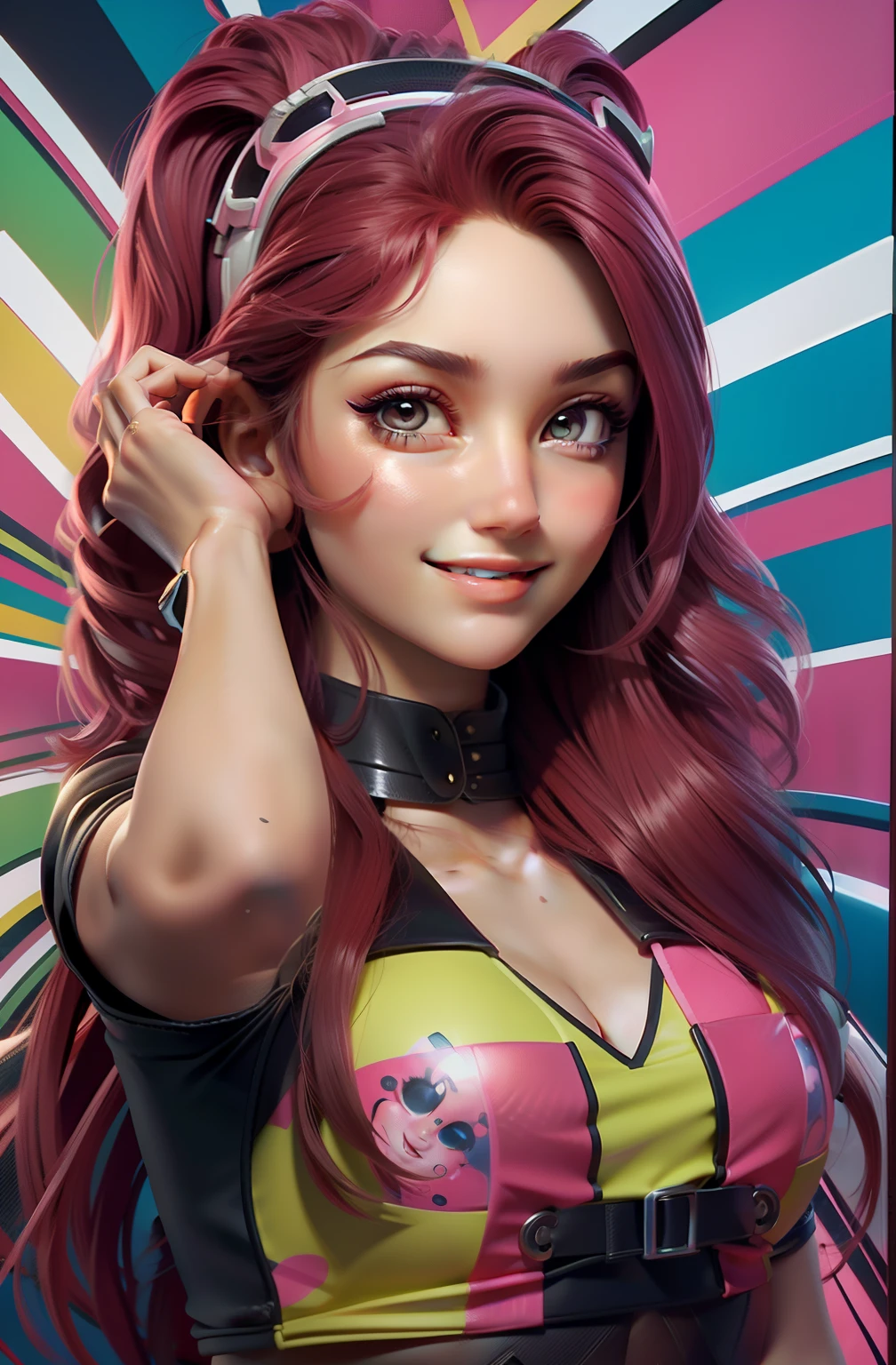 (RDB Dulce Maria,ultra detalhada,cabelo muito vermelho e Pink ,corpo inteiro,SMILE,olhos,detalhes