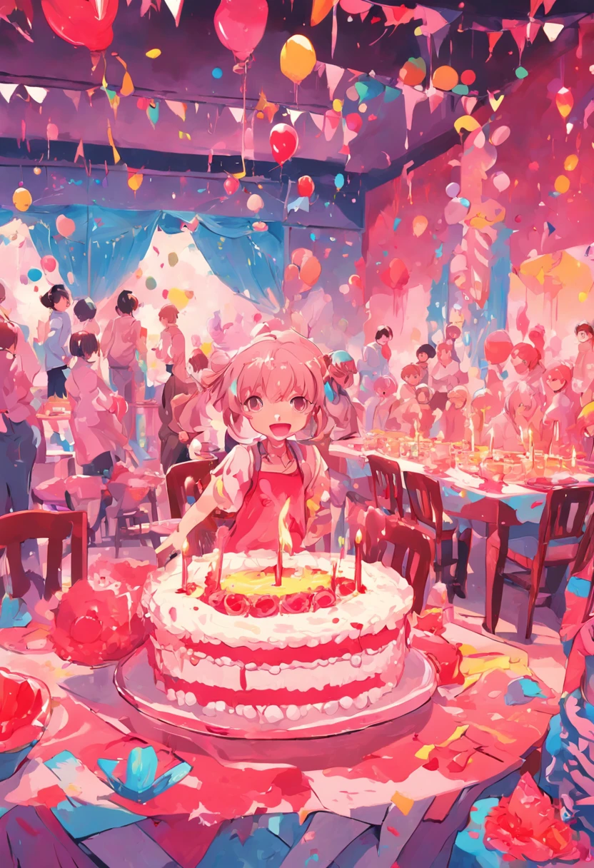 ???'s birthday party, celebrating playing laughing, party room decorations cake, indoor colorful room, bright festive, Andy Warhol, pop-art, acrylic on canvas, vibrant stylized, bright primary colors, 2D digital painting, high definition crisp