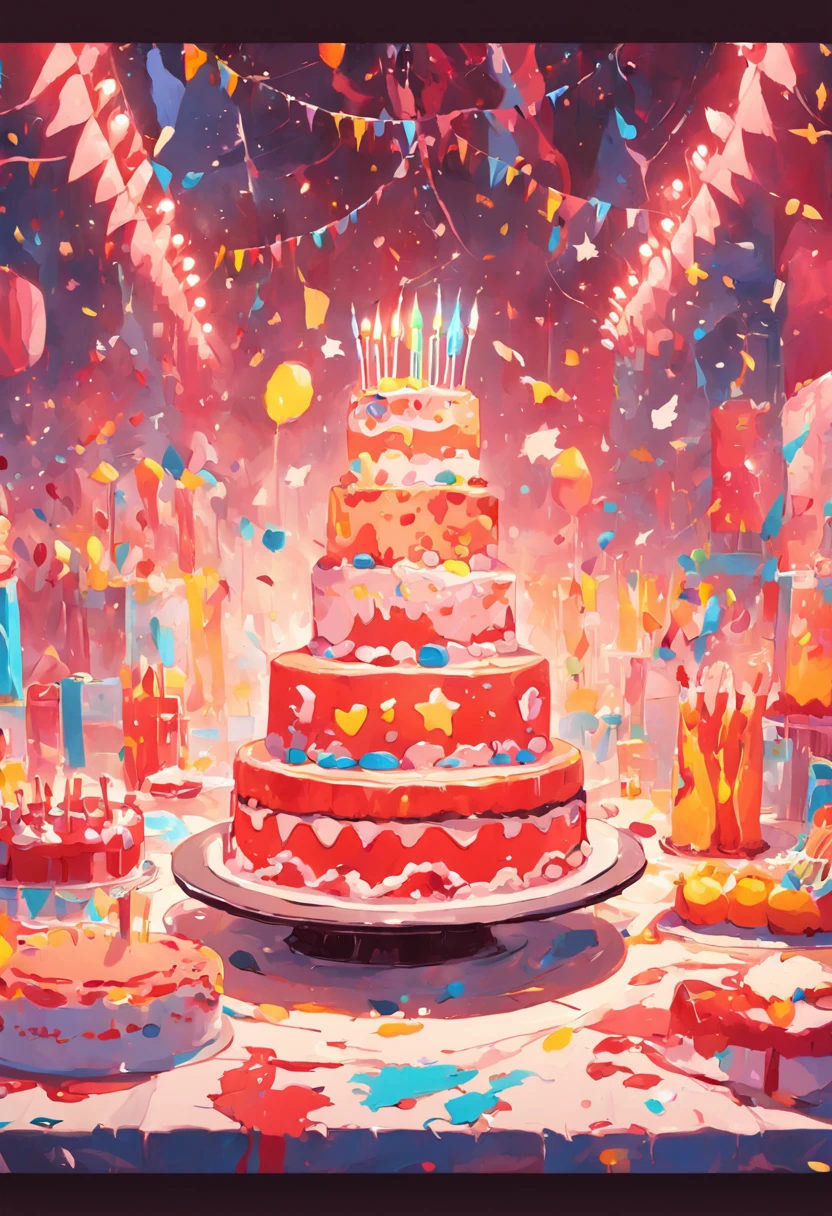 ???'s birthday party, celebrating playing laughing, party room decorations cake, indoor colorful room, bright festive, Andy Warhol, pop-art, acrylic on canvas, vibrant stylized, bright primary colors, 2D digital painting, high definition crisp