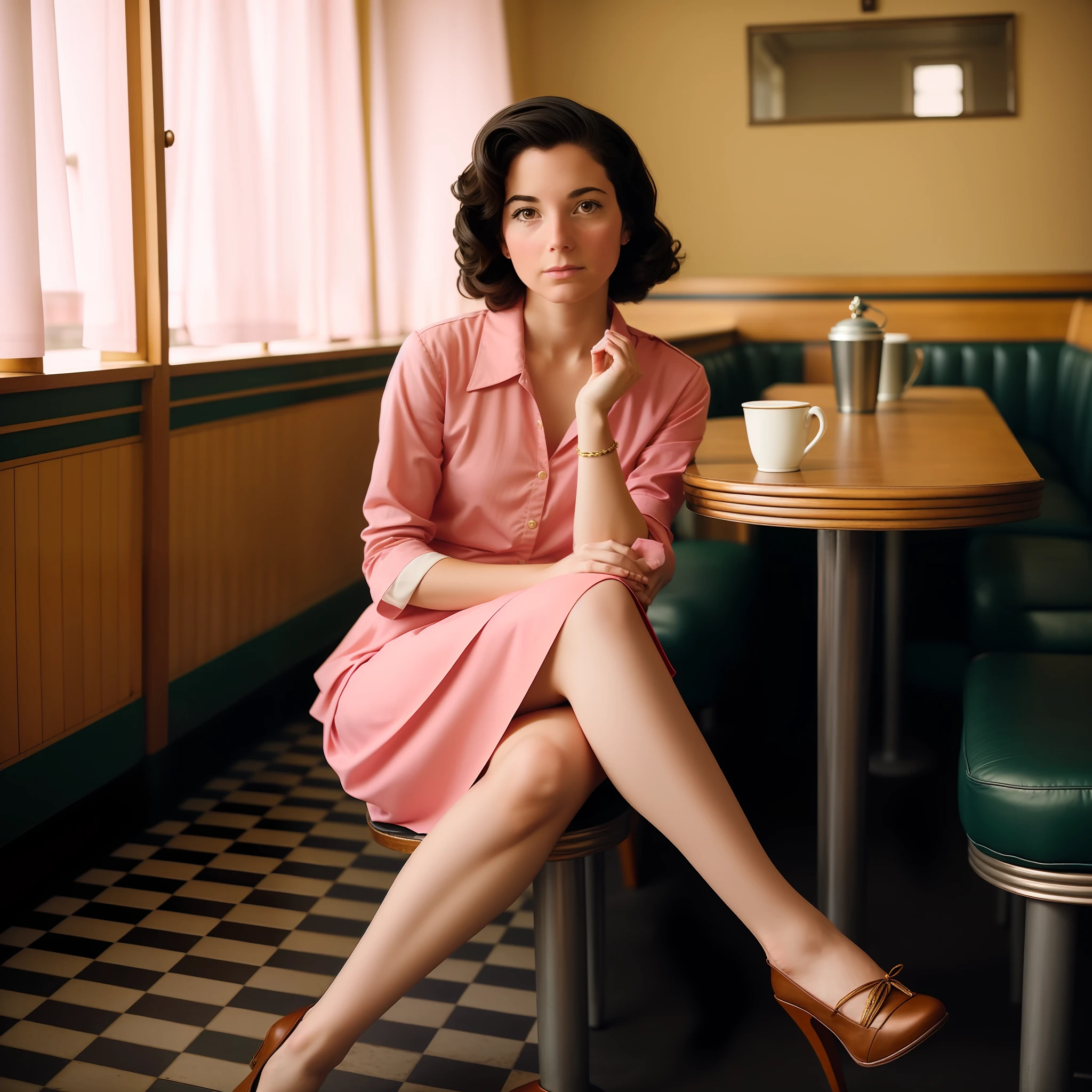 Sherrylyn Finn, a skirt, leges, upper legs, coffeehouse, sitted, body shot, Wes Anderson, delicated,blacksilk