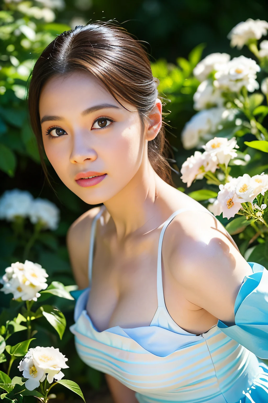 (Best quality, masterpiece: 1.2), portrait, breasts, outdoors, a 25-year-old woman named Yiping in the garden: 2, white thin summer long dress, light blue flowers in the background mess: 1.3) Same character, different costume, different angle, backlight: 1.5, rich skin details: 1.5,