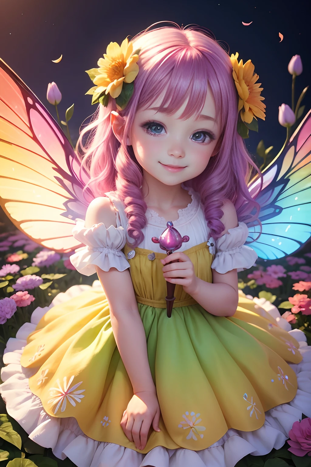 Cute flower fairy baby,Holding a shiny wand,The smile is bright,Let's be happy,Beautiful garden background,Bright rainbow-colored landscape,plethora of colors,Rich in elements,Facial features are super detailed,Ultra-high sharpness、k hd、8K、