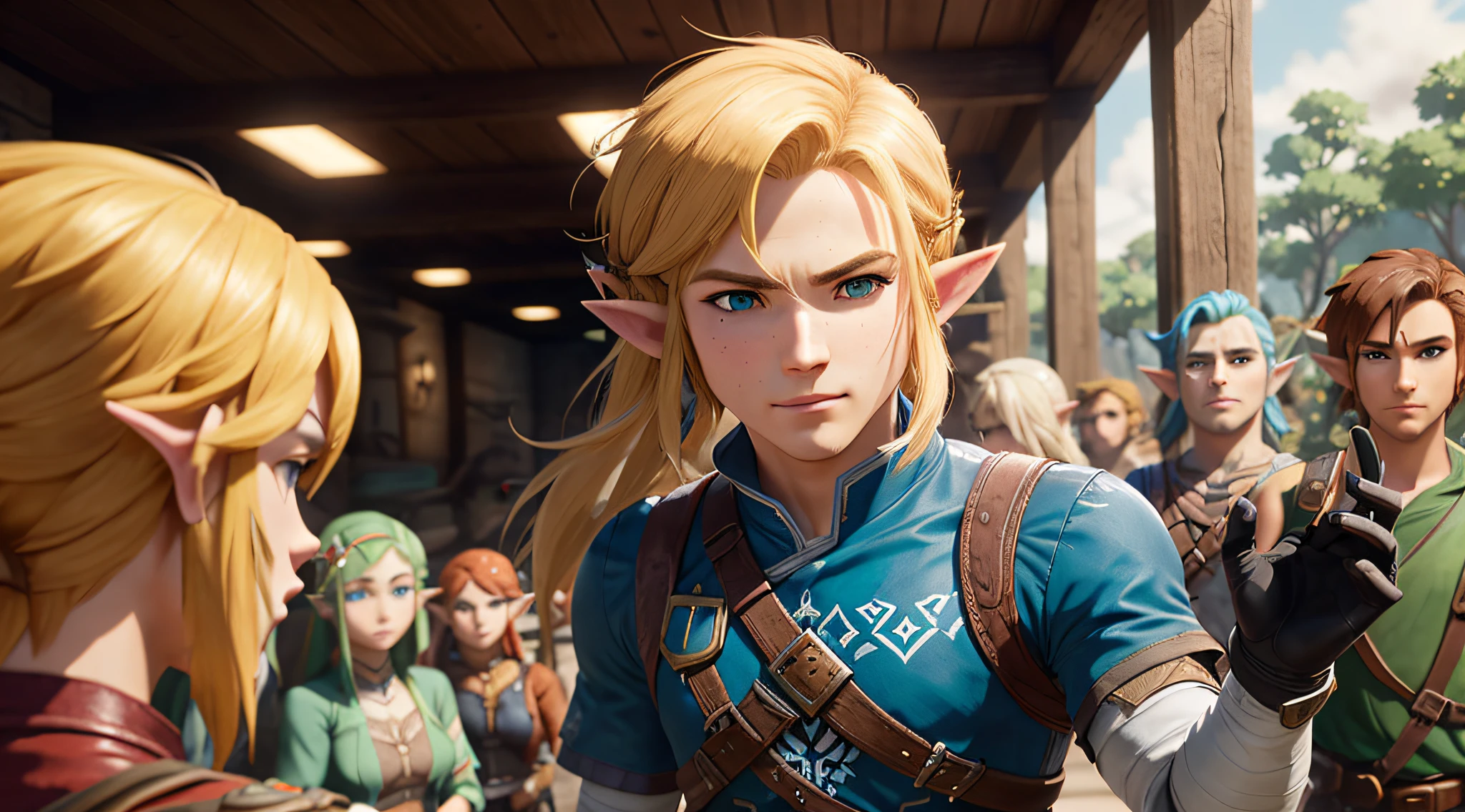 there are many people standing around a video game character, cinematic bust shot, a portrait of link, male blonde elf ranger, cinematic close-up bust shot, a portrait of a male elf, link from the legend of zelda, link from zelda, zelda botw, a male elf, zelda, elven character with smirk, botw style, detailed cinematic shot