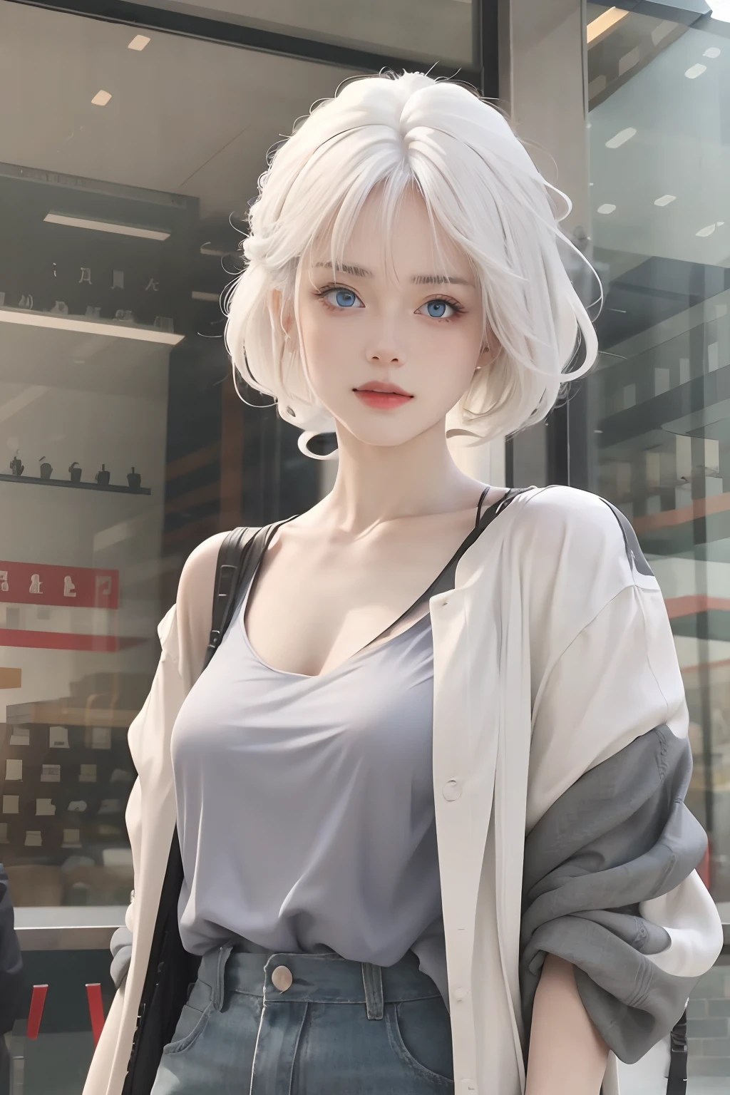 best quality, masterpiece,white hair, blue eyes, upper body