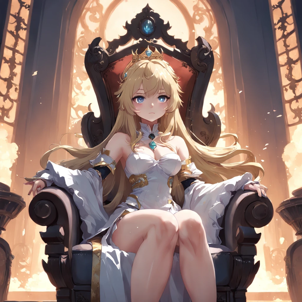 (a beautiful fantasy empress, Crowned with long blonde hair、Anime girl sitting in a chair, a character portrait by Yang J, pixiv, Fantasy Art, Detailed Digital Anime Art, guweiz on pixiv artstation, cushart krenz key art feminine, guweiz on artstation pixiv, Detailed key anime art)