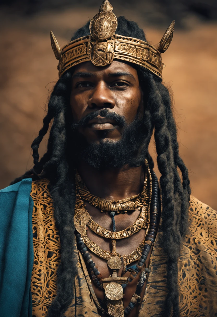 Mansa Musa I com o rosto fechado, sombracelhas largas e grossas, olhos azuis da cor do Mar, long hair with braids, barba grande estilo vikings, forte e com ombros largos.