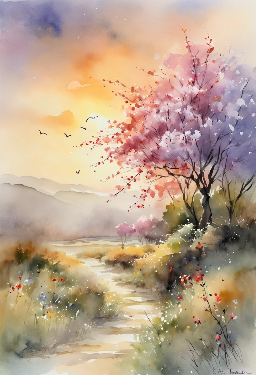 「天空、pastels、Like drawn with crayons、」hightquality、Delicate painting、Soft shades、Gentle light、landscapes、Soft touch、Blur effect、Beautiful clouds in the sky、nature trees々、elegant flowers、Gentle breeze、Nostalgic atmosphere。