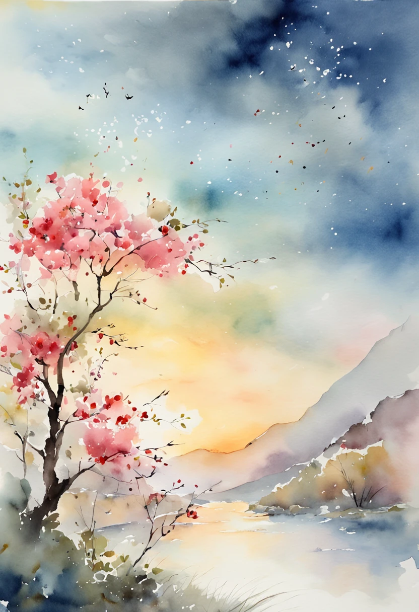 「天空、pastels、Like drawn with crayons、」hightquality、Delicate painting、Soft shades、Gentle light、landscapes、Soft touch、Blur effect、Beautiful clouds in the sky、nature trees々、elegant flowers、Gentle breeze、Nostalgic atmosphere。