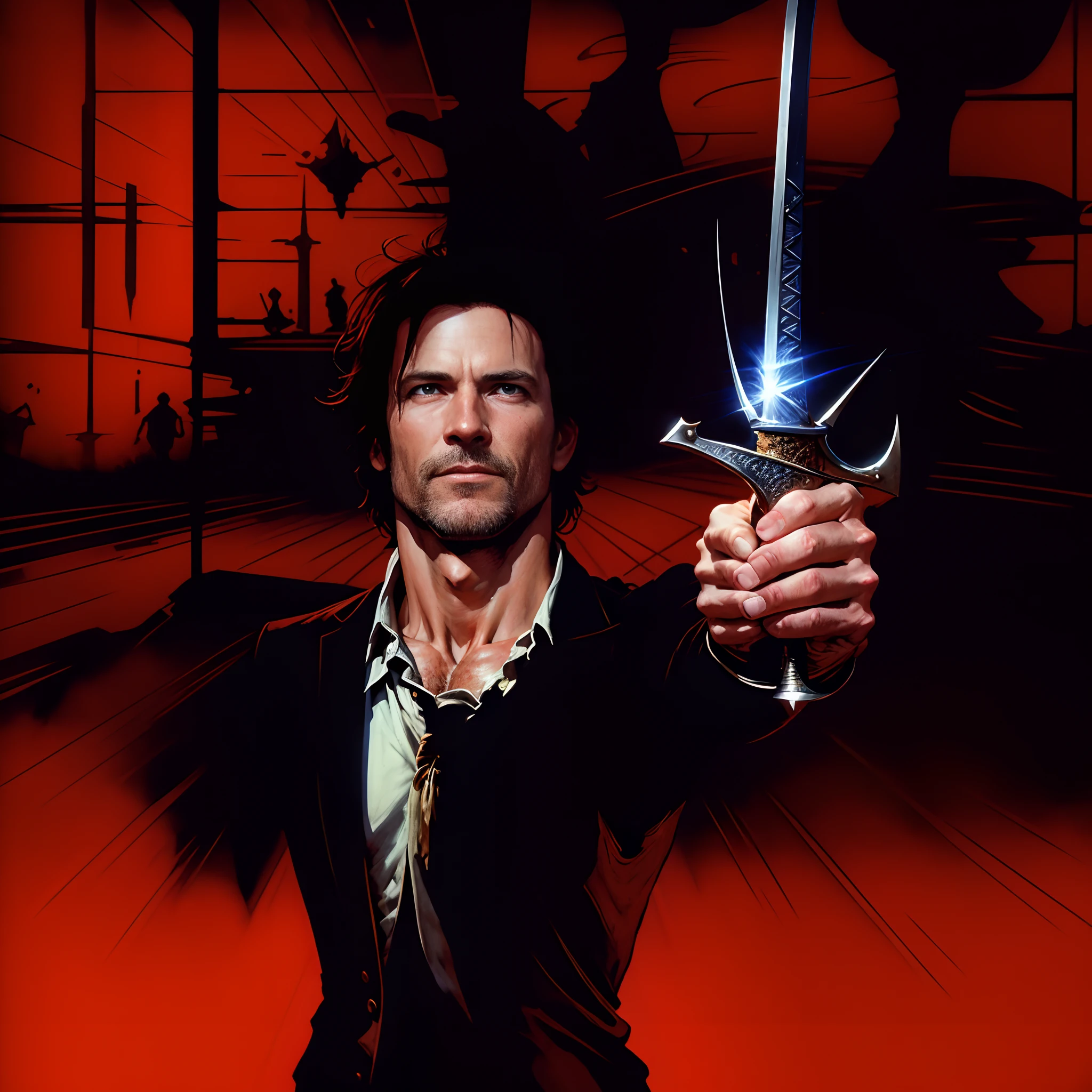 Image of a man holding a sword in a room, Highlander movie, Christopher Lambert illustration art by Drew Struzan, art style Drew Struzan, Inspiration by Drew Struzan, Inspired by Drew Struzan, Director: Drew Struzan, Drew Struzan. epics, Drew Struzan tomasz alen kopera, 80's movie poster art, inspired by Bill Sienkiewicz
