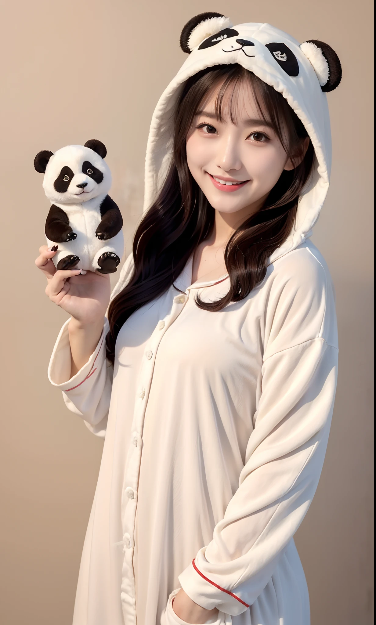 (ultra best quality、超A high resolution、８ｋ、​masterpiece:1.3)、Beautiful Women in Perfect Figure:1.4、、Black hair、((Woman wearing a panda kigurumi))、(((without background)))、kawaii、extremely detailed face and skin、Detailed eye、二重まぶた、Skinny Legs、The best smile、(((１a person)))、(Panda Kigurumi)、((s Pajamas))、The best smile、Extraordinary beauty、Age is 16 years、perfectly proportions、、