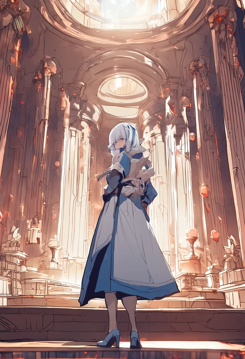 White hair, ssmile, libraryai, kosmos, anime big breast, Ray tracing, shadowing, Vignetting, hyper HD, Masterpiece, Best quality, 8K，blue color eyes，Retro，Peaceful demeanor