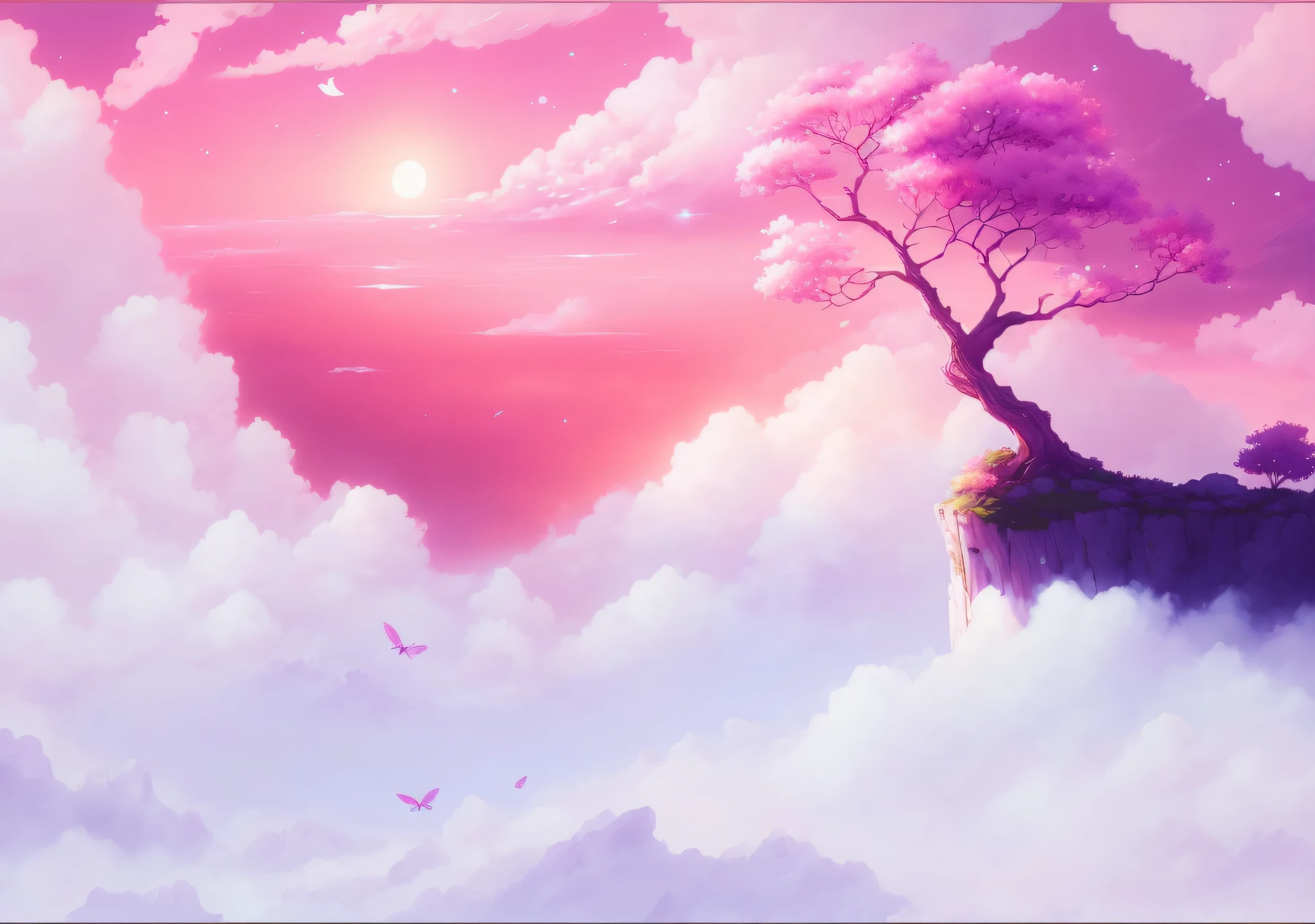 anime, a tree with pink flowers on a cliff in the sky, dream scenery art, background artwork, anime beautiful peace scene, dreamlike digital painting, anime landscape wallpaper, fairy tale style background, fantasy background, heaven background, fluffy pink anime clouds, dreamy landscape, dreamy scene, very beautiful digital art, luminous sky heaven background, heaven pink, dream landscape