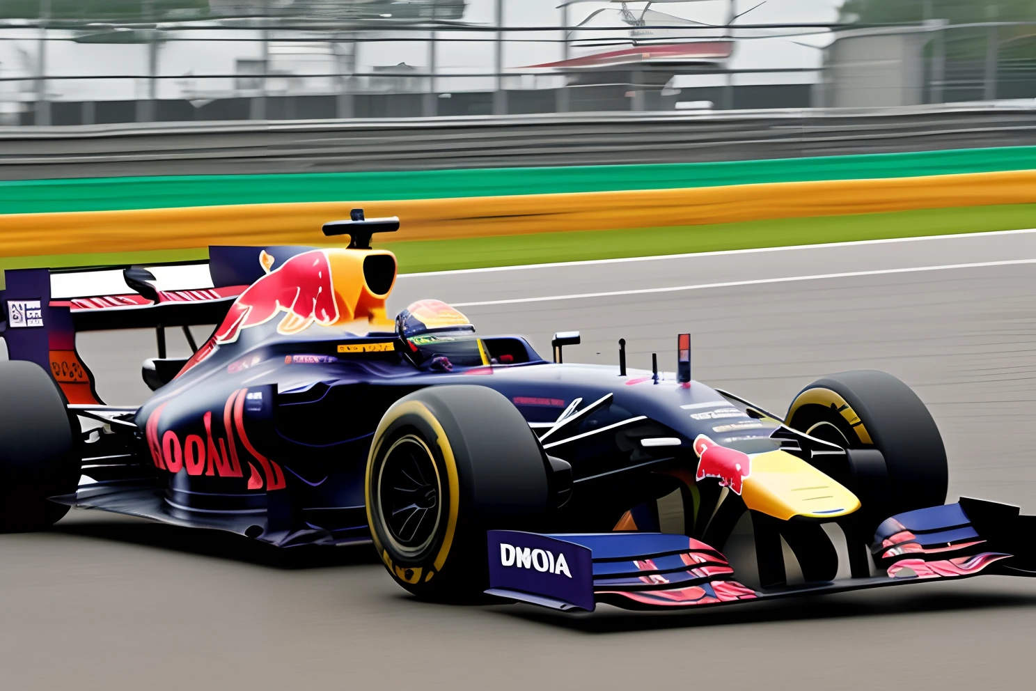 wide shot, F1 car, xray vision on the engine, 1/4 shot, honda red bull