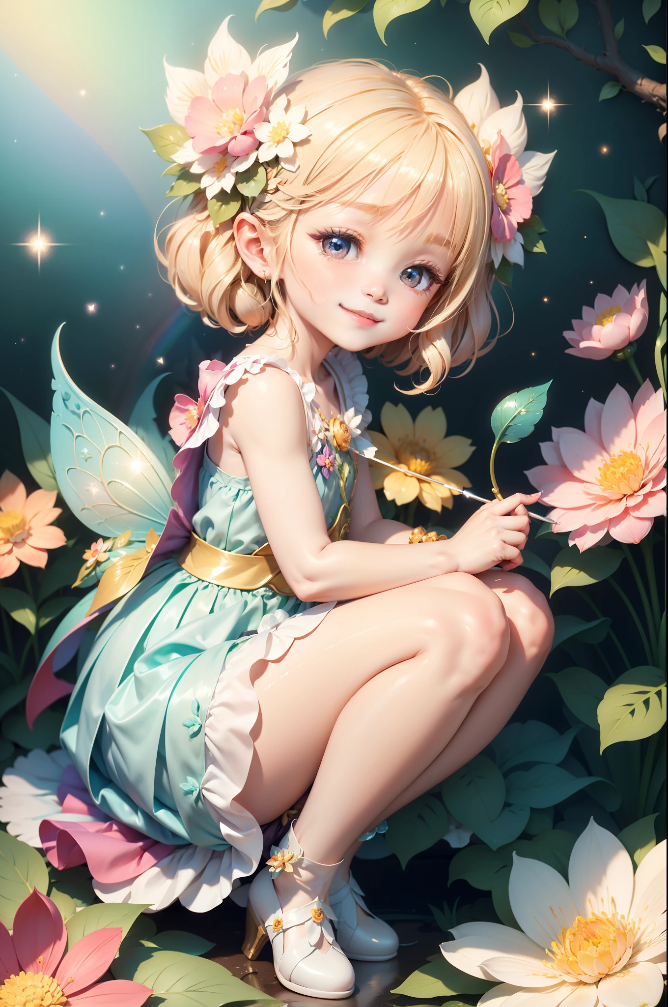Cute flower fairy baby，Hold your shiny wand，The beautiful fairy with a sense of transparency has a bright smile，Let's be happy，Beautiful garden background，Bright rainbow-colored landscape，plethora of colors，Rich in elements，Facial features are super detailed，Ultra-high sharpness、k hd、8K、