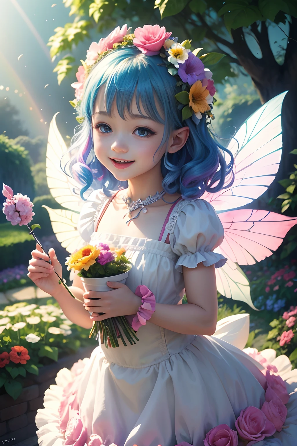 Cute flower fairy ,happy laughing,Let's be happy,Colorful wings, Hold your shiny wand,Beautiful garden,Bright rainbow-colored landscape,plethora of colors,Rich in elements,Facial features are super detailed,Ultra-high sharpness、k hd、8K、