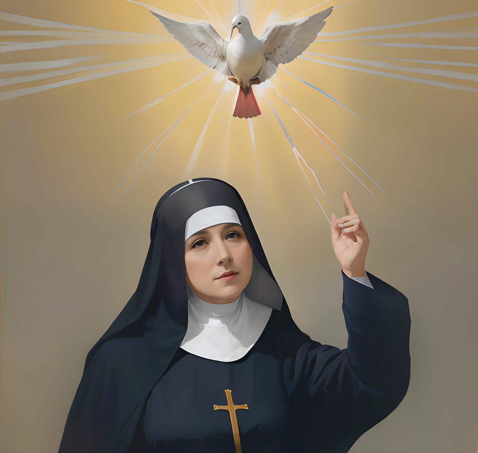 Nun with a dove above her head and a cross above her head, majestosa mulher de santo, santa mulher, Catholic, artista desconhecido, queen of heaven, holy spirit, imagem realista, nineteenth century, santas mulheres, catholic icon, santo, inspirado no Mestre da Lenda de Santa Luzia, foto realista, cinematic