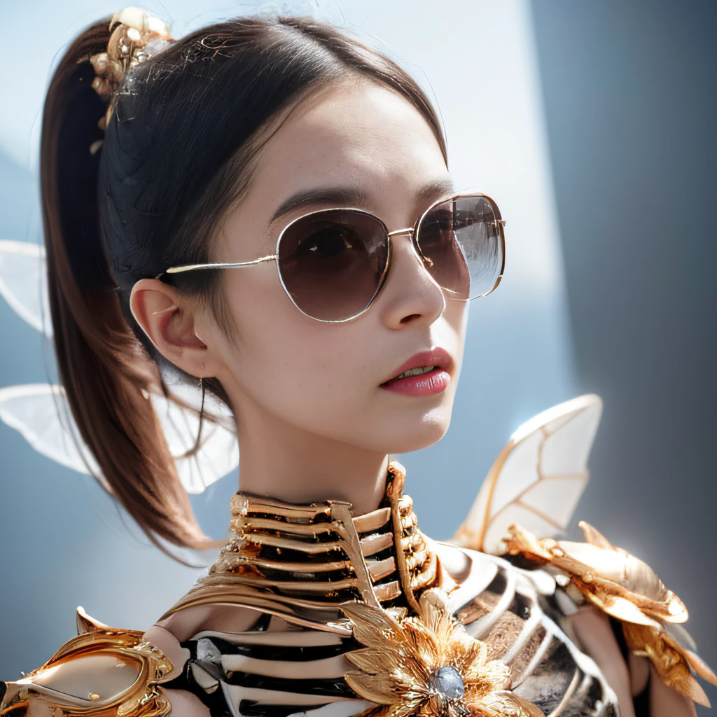 baton,Transparent wings,Magic wand,Wear thick gold-framed reflective sunglasses,32K(tmasterpiece,k hd,hyper HD,32K)Burgundy double ponytail,The Silver Skull Jewelry District in the backstreets,Indigo Skull King ,Skeleton protector (The skeleton is realistic:1.4),Skull pattern robe,Silver skull flower ornaments,Petals flutter,Colored ball head,Hold your head high,Be proud,The nostrils look at people, A high resolution, the detail, RAW photogr, Sharp Re, Nikon D850 Film Stock Photo by Jefferies Lee 4 Kodak Portra 400 Camera F1.6 shots, Rich colors, ultra-realistic vivid textures, Dramatic lighting, Unreal Engine Art Station Trend, cinestir 800,Hold your head high,Be proud,The nostrils look at people,Tsundere,Petals flutter,Petals flutter,Sprinkle with gold dust,Fluttering,Impeccable,( reasonable design, Clear lines, High sharpness,Best quality, Very detailed skeleton, The skeleton of a masterpiece, offcial art, movie light effect, 4K skeleton(((Wear thick gold-framed reflective sunglasses)))Transparent wings,(baton)(Baton in hand)(Giant stick)baton,