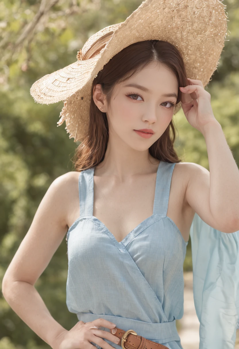 The background is a mountain・Blue Sea、blue open sky、white clouds、The season is summer、a straw fedora hat、Cancan has、top-quality、hight resolution、An ultra-fine illustrations、Shinkai Makoto style、Your name is style sleeveless dress a necklace、A bracelet、sandal。