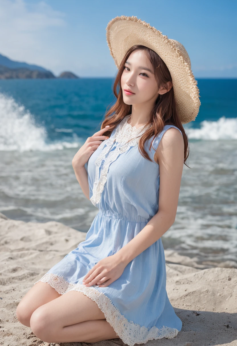 The background is a mountain・Blue Sea、blue open sky、white clouds、The season is summer、a straw fedora hat、Cancan has、top-quality、hight resolution、An ultra-fine illustrations、Shinkai Makoto style、Your name is style sleeveless dress a necklace、A bracelet、sandal。