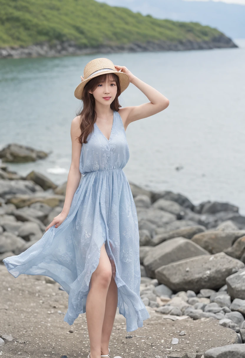 The background is a mountain･Blue Sea、blue open sky、white clouds、The season is summer、a straw fedora hat、Cancan has、top-quality、hight resolution、An ultra-fine illustrations、Shinkai Makoto style、Your name is style sleeveless dress　a necklace、A bracelet、sandal。