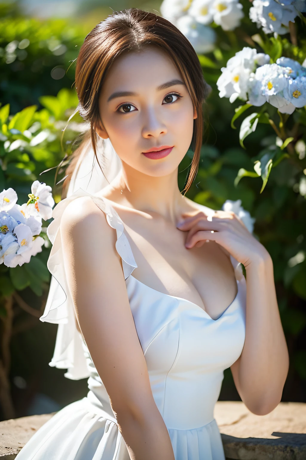 (Best quality, masterpiece: 1.2), portrait, breasts, outdoors, a 25-year-old woman named Yiping in the garden: 2, white thin summer long dress, light blue flowers in the background mess: 1.3) Same character, different costume, different angle, backlight: 1.5, rich skin details: 1.5,