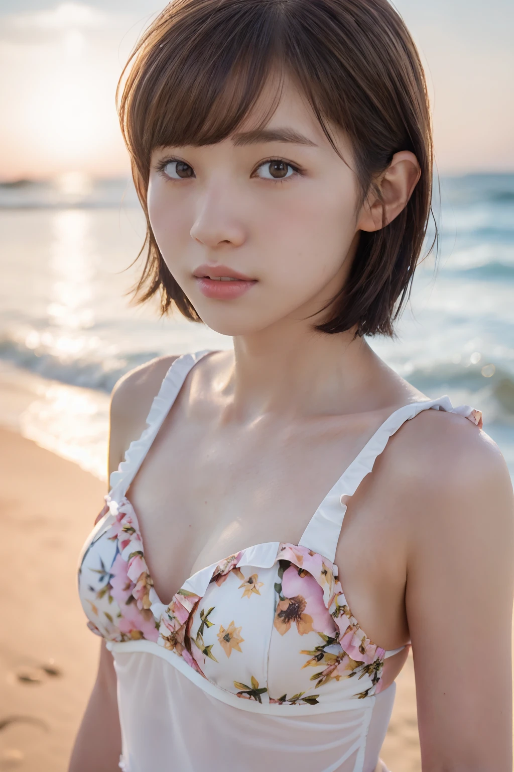 (short-cut:1.2)  hair, Half Japan and half Sri Lankan, (Best Quality), (Raw photo), (Beautiful  girl), (Cute face), (flat chest),
(hitornfreckles:0.6),
Dynamic lighting,
(At Sunset Beach),
(Pink heart print bikini set、With ribbon at the bottom),