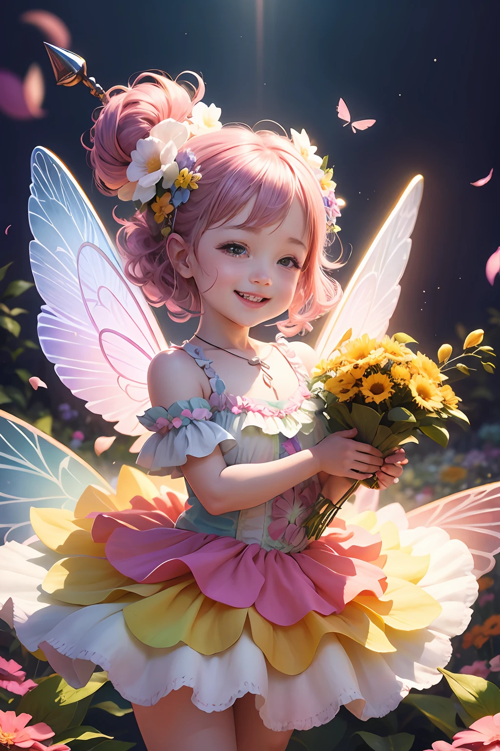 Cute flower fairy baby，Transparent colored wings, The smile is bright，Let's be happy，Beautiful garden background，Bright rainbow-colored landscape，plethora of colors，Rich in elements，Facial features are super detailed，Ultra-high sharpness、k hd、8K、