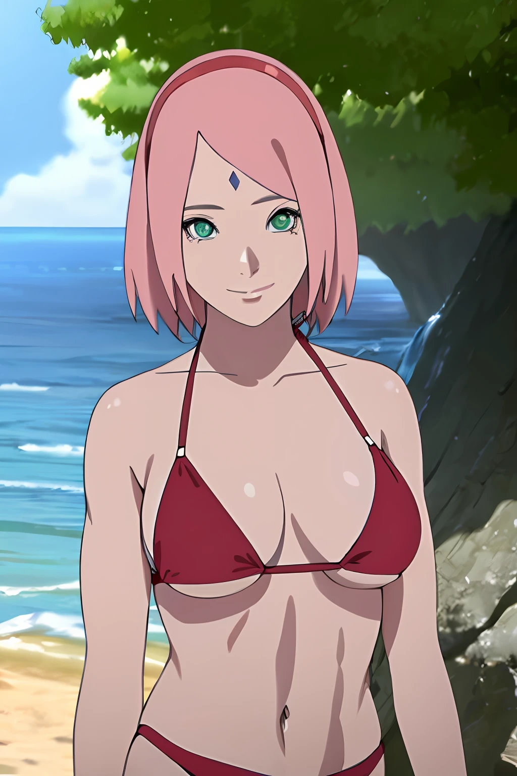 masterpiece, 4k, portrait, cowboy shot, professional artwork, detailed beach background, intricate details, colorful, digital blending, (ultra detailed body, ultra detail hair, ultra detail face), trending on pixiv, kind smile, best quality, anime style: 1.9, 1girl, hires, haruno sakura, (forehead mark, milf, red hairband, pale skin, small breasts, short hair, ((bare neck, red (micro) bikini top, (bikini top only)), white pants), (navel, belly button, bracelet, pink hair, closed mouth, big eyes), smile, beach, wind, floating hair, detailed arms, off-shoulders, broad shoulders, (slightly muscular arms, slightly strong biceps), (dirty armpits, armpit pocket), standing)