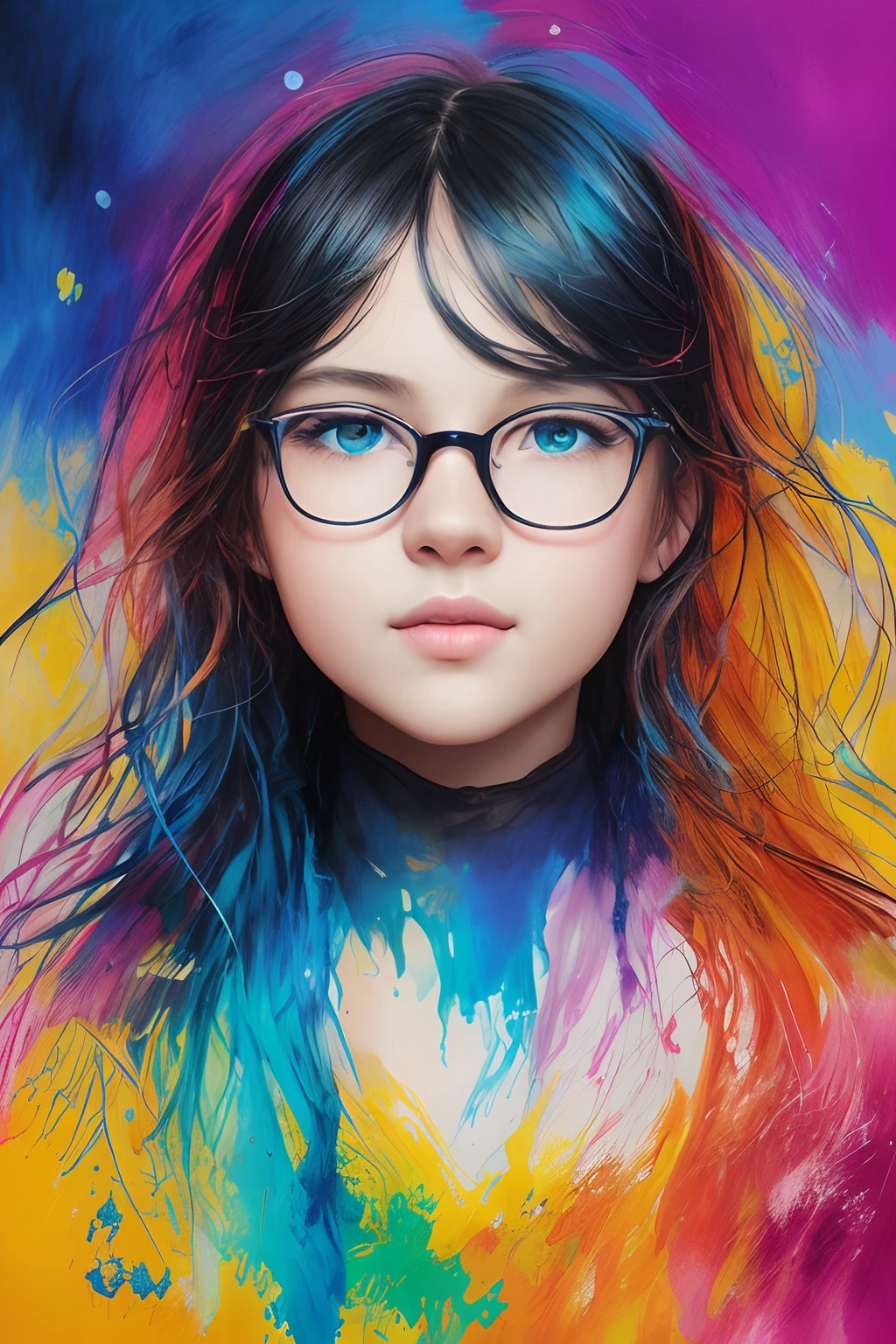 Colorful beautiful girl: a giru 8-, messy hair,with glasses, oil painting, nice perfect face with soft skinice perfect face, blue yellow colors, light purple and violet additions, light red additions, intricate detail, splash screen, 8k resolution, masterpiece, cute face,artstation digital painting smooth veryBlack ink flow: 8k resolution photorealistic masterpiece: intricately detailed fluid gouache painting: by Jean Baptiste Mongue: calligraphy: acrylic: watercolor art, professional photography, natural lighting, volumetric lighting maximalist photoillustration: by marton bobzert:, complex, elegant, expansive, fantastical, wavy hair, vibrant