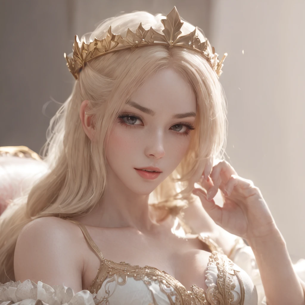 (a beautiful fantasy empress, Crowned with long blonde hair、Anime girl sitting in a chair, a character portrait by Yang J, pixiv, Fantasy Art, Detailed Digital Anime Art, guweiz on pixiv artstation, cushart krenz key art feminine, guweiz on artstation pixiv, Detailed key anime art)