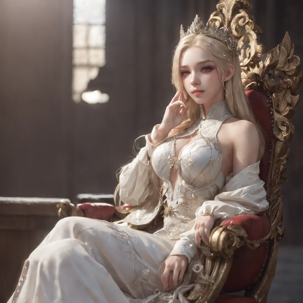 (a beautiful fantasy empress, Crowned with long blonde hair、Anime girl sitting in a chair, a character portrait by Yang J, pixiv, Fantasy Art, Detailed Digital Anime Art, guweiz on pixiv artstation, cushart krenz key art feminine, guweiz on artstation pixiv, Detailed key anime art)