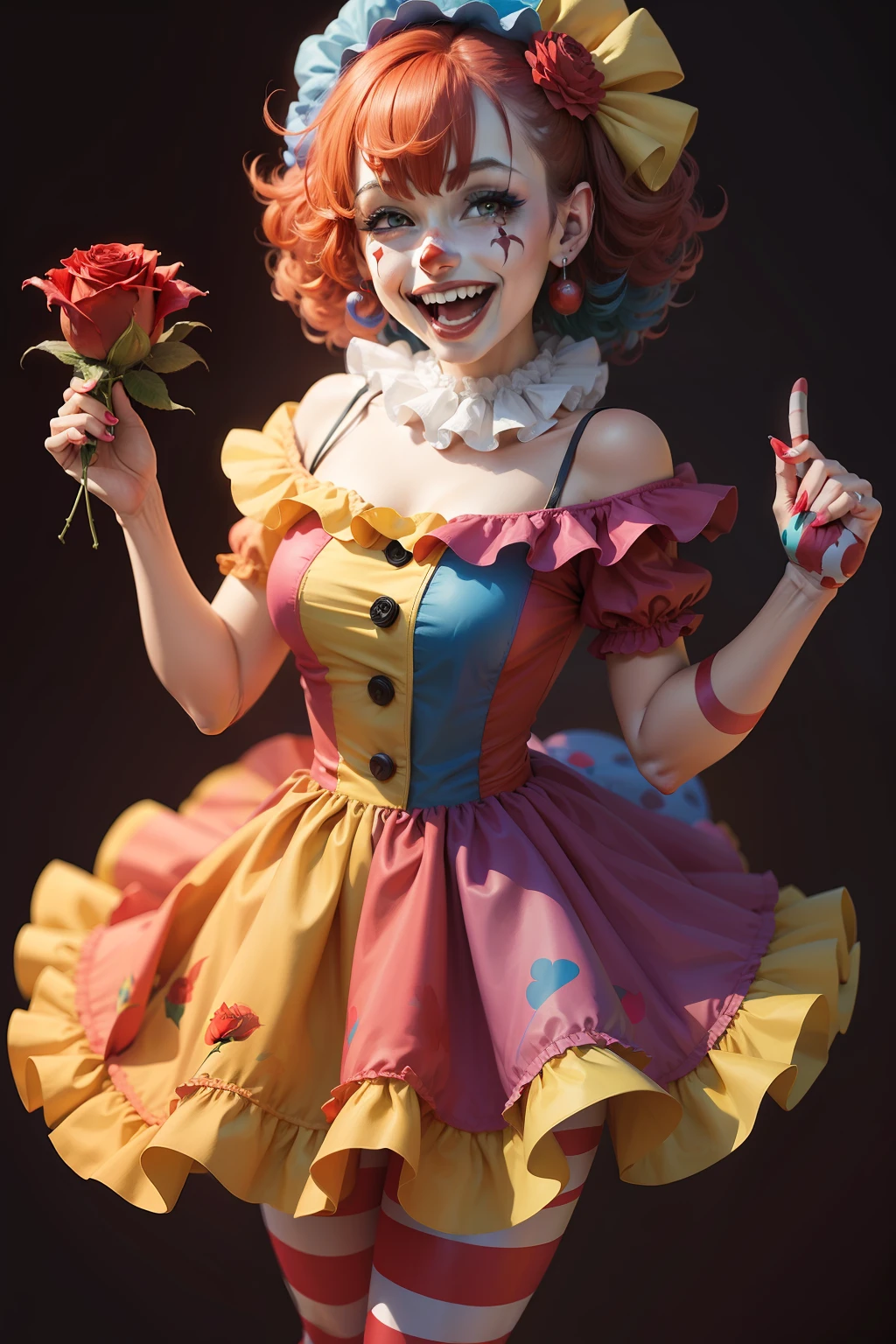 Clown woman，Colorful，Laughing，Holding a red rose