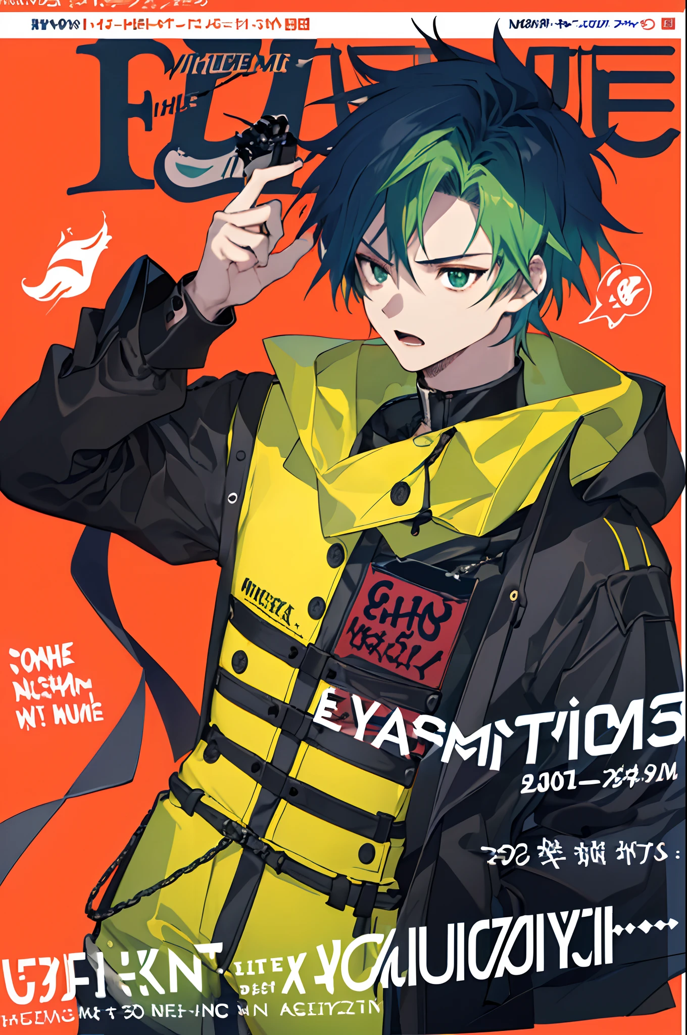 ((((Dramatic)))、(((gritty)))、(((vehement)))、(((Jumpy)))Movie poster with a young man as the main character。He stands confidently in the center of the poster.、Wear stylish and edgy outfits、I have a determined look on my face。The background is dark and rough、Makes you feel danger and strength。Text is bold and attention-grabbing、Has a catchy tagline that adds to the overall sense of drama and excitement。The color palette is predominantly dark、There are splashes of bright colors、It gives the poster a dynamic and visually striking look。Males have a central part, Green hair, Asian, Dynamic and visually impressive.。 (magazine:1.3), (cover-style:1.3), Fashionable, male people, with a vibrant, outfits, the pose, the front, Colorful, Dynamic, Background with, element, I'm confident, expresive, ngel, statement, accessorized, An majestic, coiled, surroundings, Touch, The scene, Texto, covers, It's bold, captures the attention, Titles, Stylish, Font, Catchy, headline, The large, Impressive, moderno, Trendy, Focus, lo fashion,