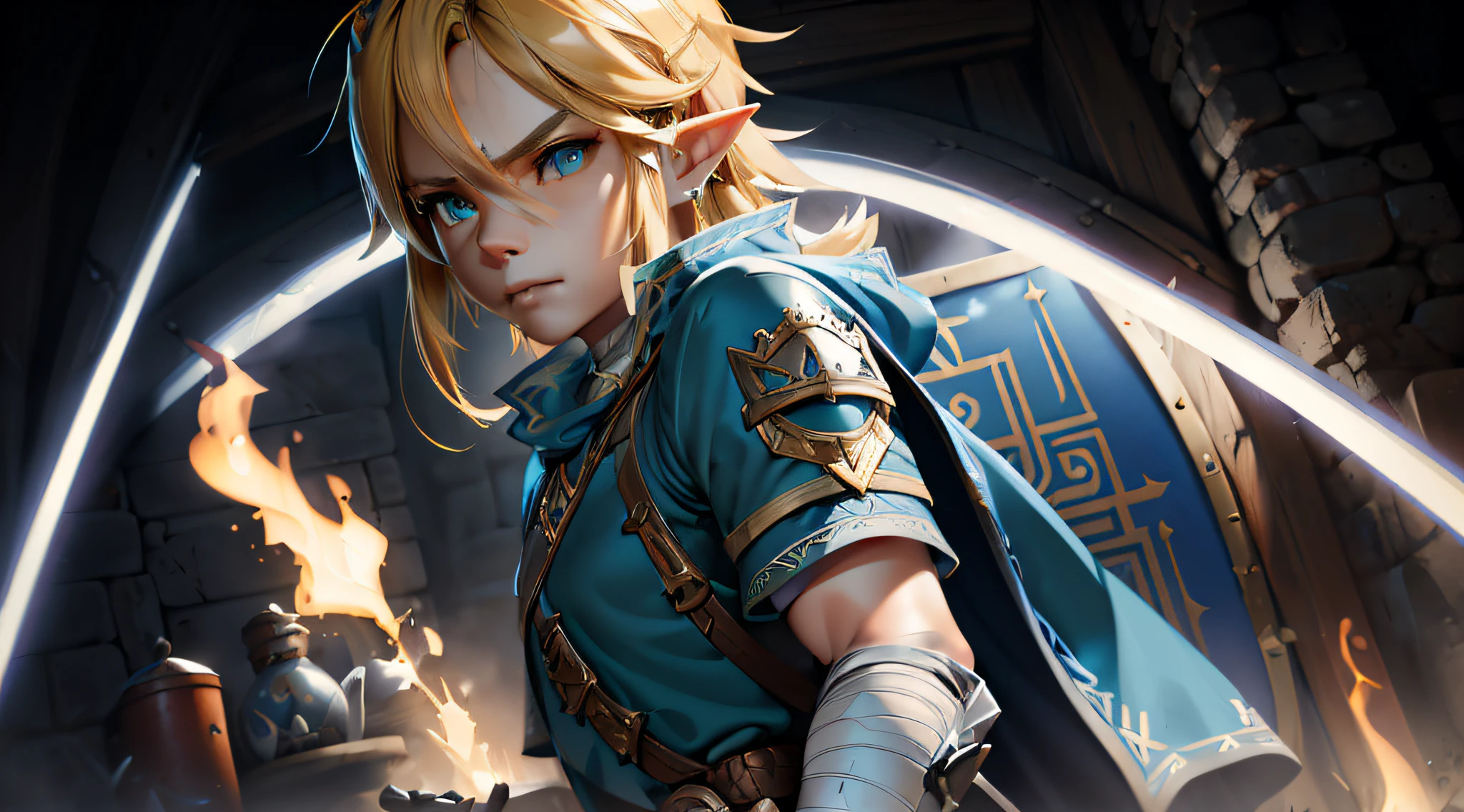 a close up of a person holding a sword in a room, a portrait of link, artgerm and atey ghailan, extremely detailed artgerm, key art, artgerm on artstation pixiv, link from zelda, fanart best artstation, link from the legend of zelda, breath of the wild art style, ross tran 8 k