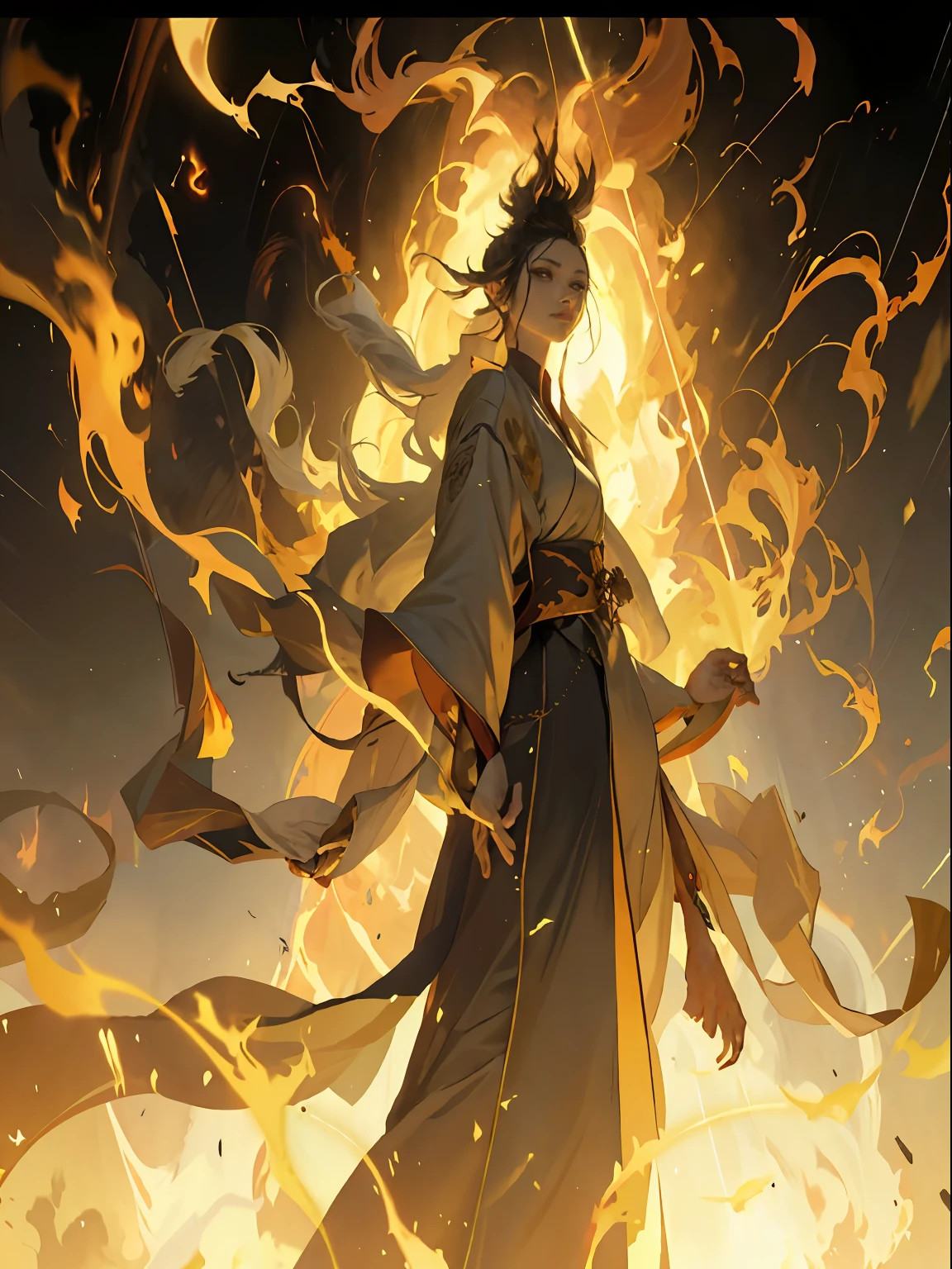 Anime-style artwork：The Flame Girl in the Blazing Fire，full of strength，Hirase Jinyao's Genshin impact，Posture-oriented characters，Blazing fire spells，Flames that surround you，Inspired Holy Flame incantation，A fire mage who wields fire spells，The amazing ability displayed under the impact of Genshin。