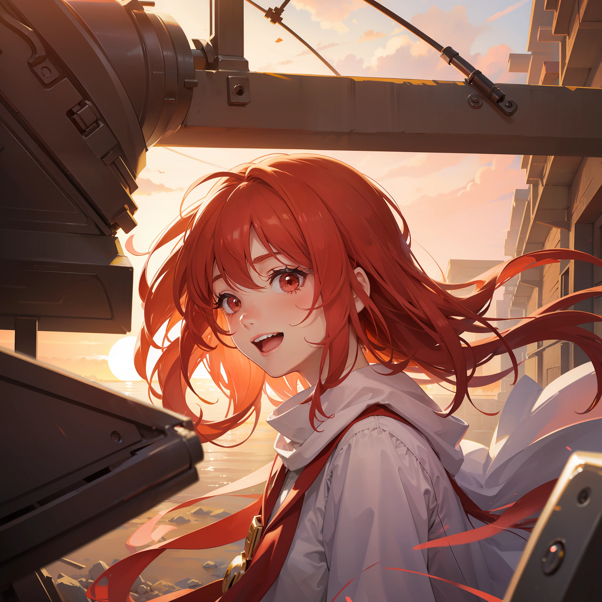 A red glow hit the laughing girl's face in the setting sun