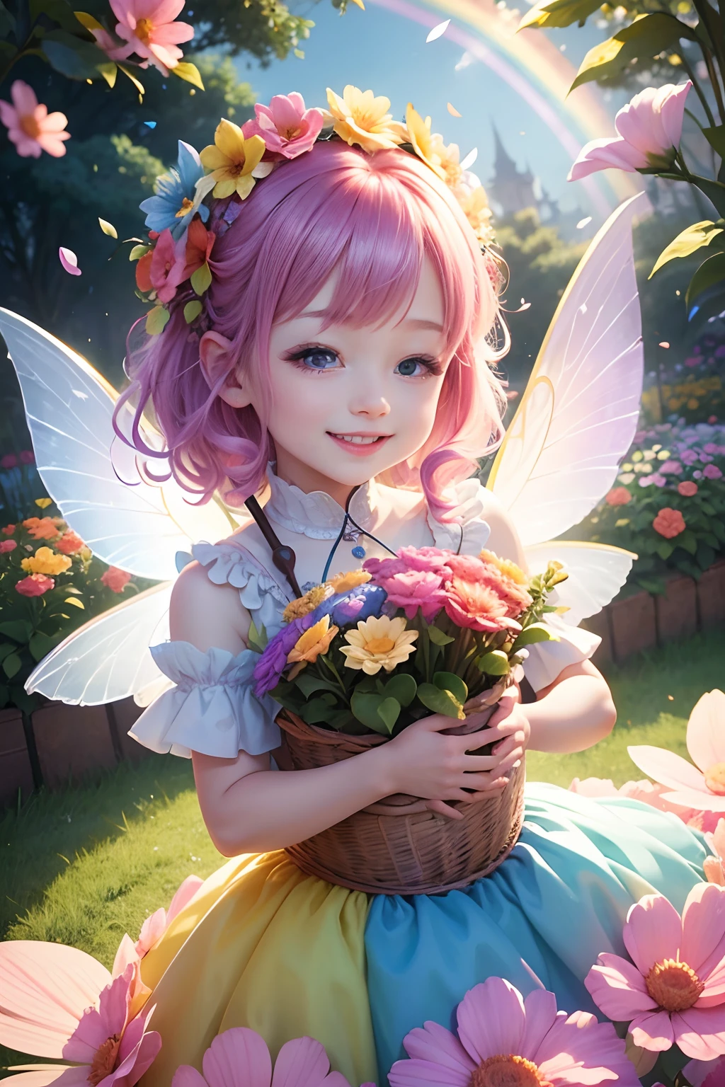 Cute flower fairy ,happy laughing,Let's be happy,Colorful wings, Hold your shiny wand,Beautiful garden,Bright rainbow-colored landscape,plethora of colors,Rich in elements,Facial features are super detailed,Ultra-high sharpness、k hd、8K、