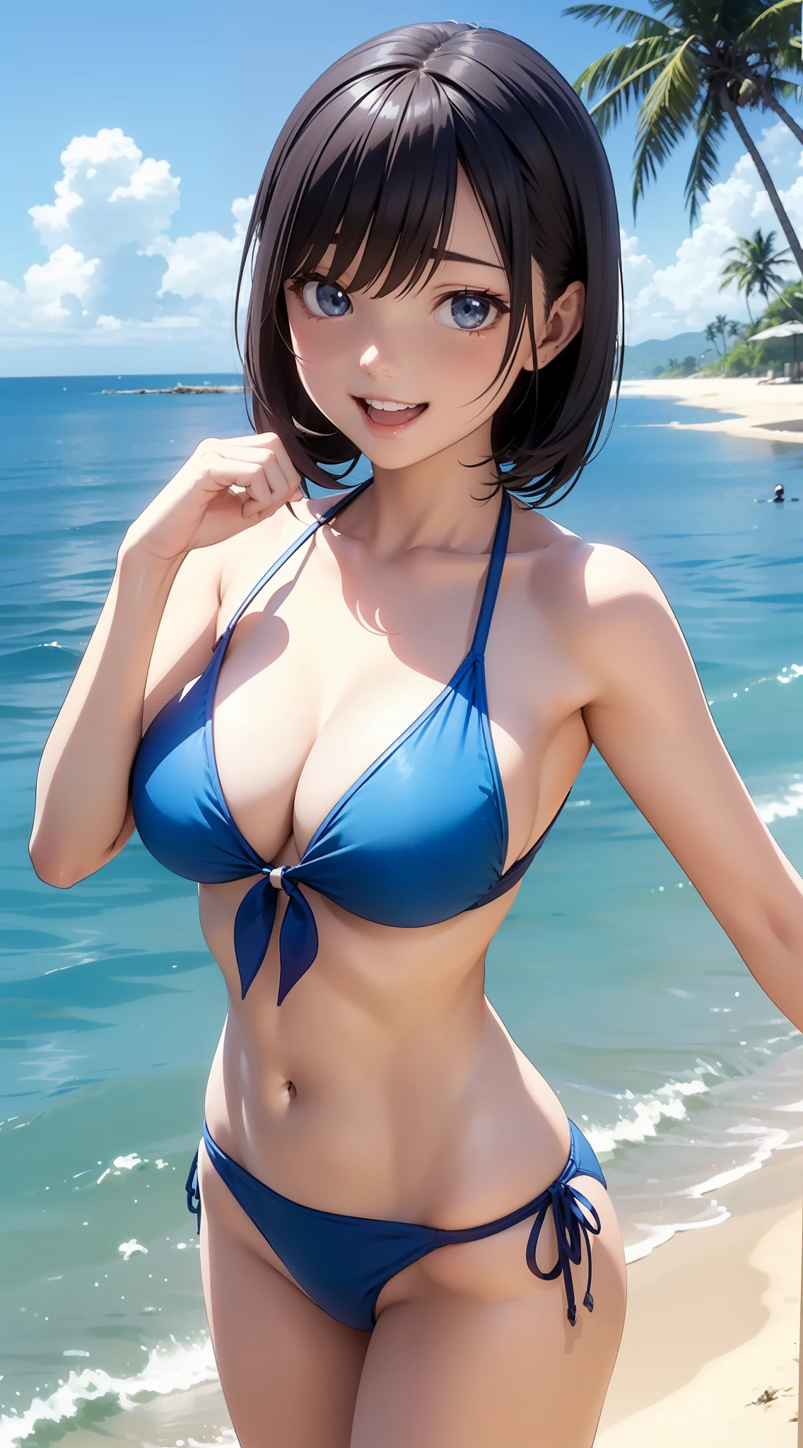 1人の女性、3d anime、kawaii、18year old、Bob Hair、Random Poses、Random attire、Being at sea、wearing a swimming wear、Wearing a light blue bikini、Laughing、Being on the beach