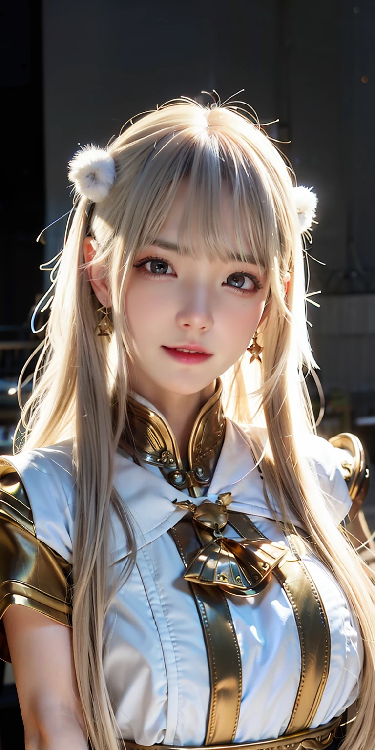 (8K, 4K, Best quality, A high resolution:1.2), (marsterpiece, Realistic, photograph realistic:1.37), 1girll, Solo, Beautiful face, eyeslashes, nase, Glossy lips, (Detailed eyes, view the viewer, Fair skin, White skin:1.5), fine complexion, Upper body,
Large breasts, Busty, , (:1.5),
Pool spa,Fantasyart，photographrealistic，动态照明，Very detailed faces，Textured skin，The is very detailed，high detal，romanticism lain，Divine sense top light，White hair，Overhead halo，black hair band，Tearful moles，Golden pupils，crystal earrings，ssmile，Golden-red skirt，Winning
Both sides face up, Absurdly long hair, Blonde hair, Pink hair, bangs, hair adornments, bow,
Younger, aged down,