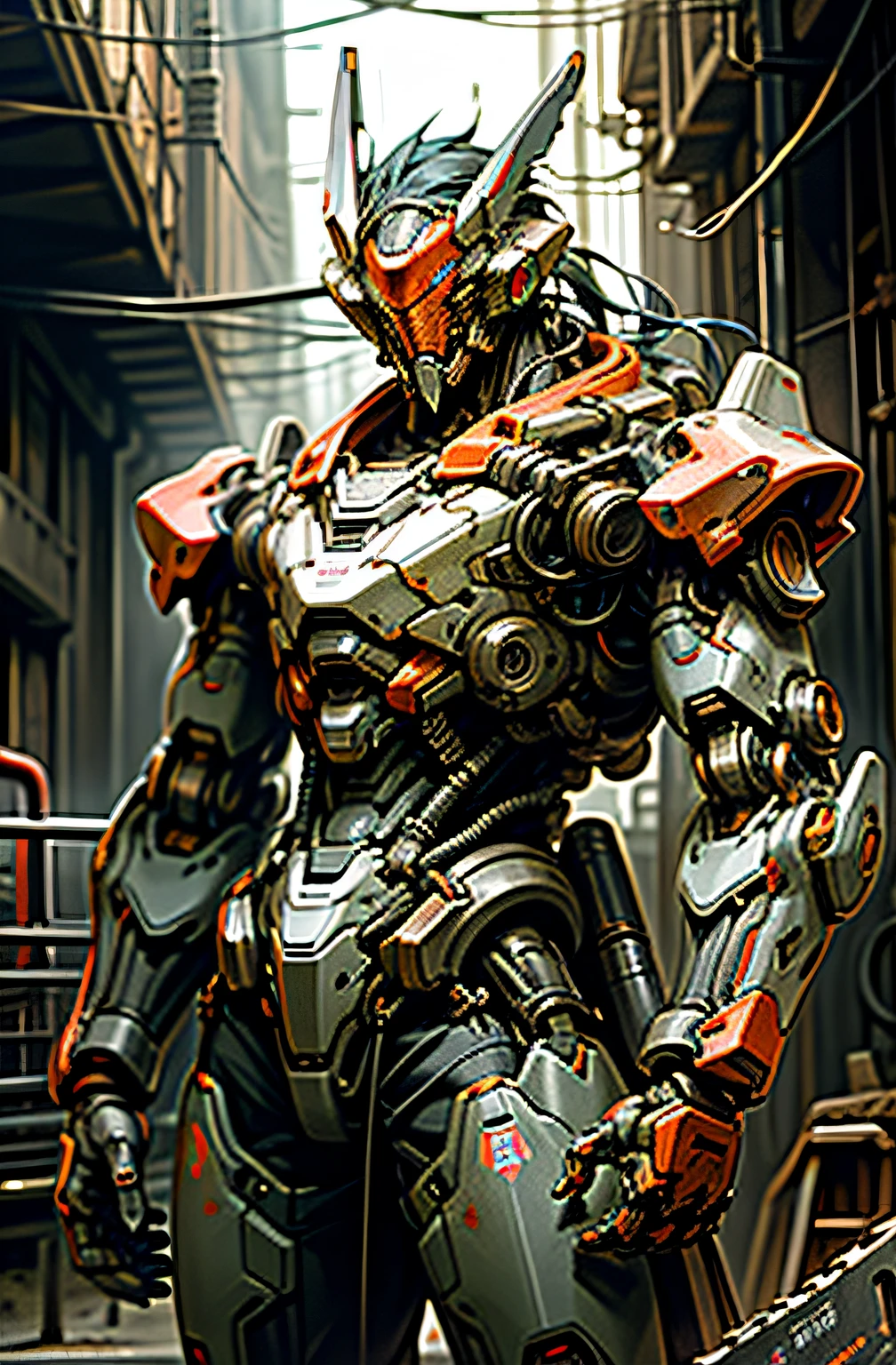 Dark_Fantasy,Cyberpunk,(chain saw,chain saw man,Red:1.1),1man,Mechanical marvel,Robotic presence,Cybernetic guardian, wearing a worn-out mech suit, intricate, (steel metal [rusty]), elegant, clear focus, shot by greg rutkowski, soft lighting, vibrant colors, masterpiece, ((street)), cowboy shot, dynamic pose,