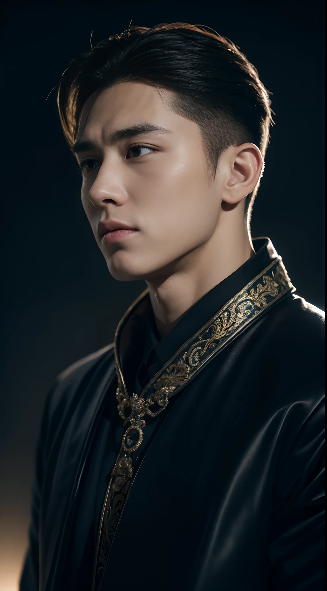 (8K, RAW photo, Highest quality),Realistic,1 man,-yeld marontage，Intricate details,Closed mouth,Muscular male,Manly,looks away,Male focus,Solo,Transparent coat，Chinese Song Dynasty,Night sky,Soft lighting,Cinematic lighting,Portrait,Close-up,Lovingly