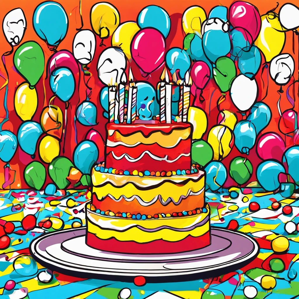 Kid's birthday party, celebrating playing laughing, party room decorations cake, indoor colorful room, bright festive, Andy Warhol, pop-art, acrylic on canvas, vibrant stylized, bright primary colors, 2D digital painting, high definition crisp