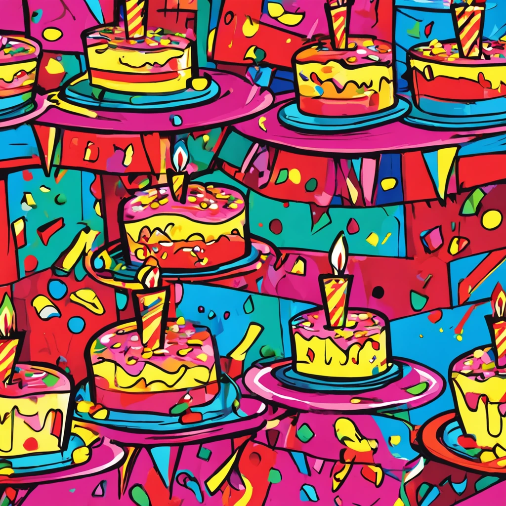 Kid's birthday party, celebrating playing laughing, party room decorations cake, indoor colorful room, bright festive, Andy Warhol, pop-art, acrylic on canvas, vibrant stylized, bright primary colors, 2D digital painting, high definition crisp