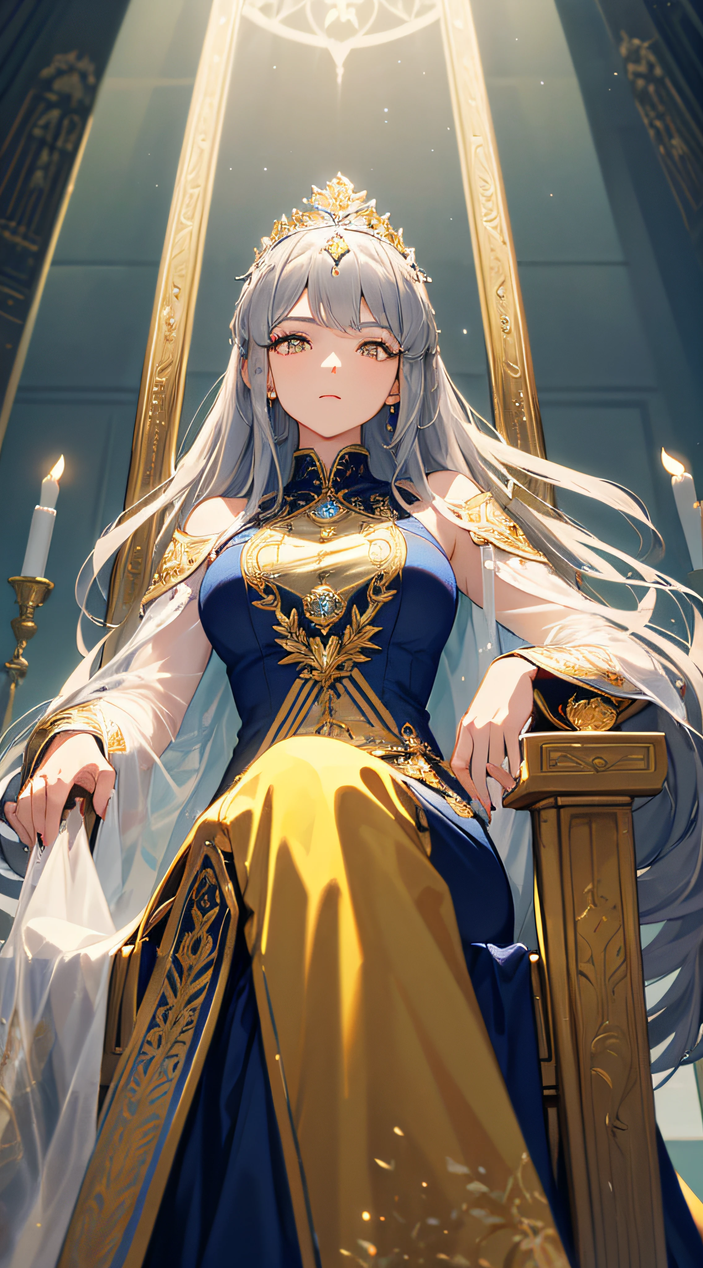 (Masterpiece:1.2), best quality, (illustration:1.2), (ultra-detailed), hyper details, (delicate detailed), (intricate details), (cinematic light, best quality Backlights), clear line, from below, solo female，perfect bodies，Beautifully detailed eyes，(1girl)，Gray hair and yellow eyes，(the emperor，Black see-through garment)，(tiara crown：1.1)，sitting on an royal throne，Close your eyes slightly，low head，low head，(is shy：1.2 ), ((makeup)), High contrast, (best illumination, an extremely create and beautiful), ((cinematic light)), Bright colors,The palace is luxurious，Resplendent