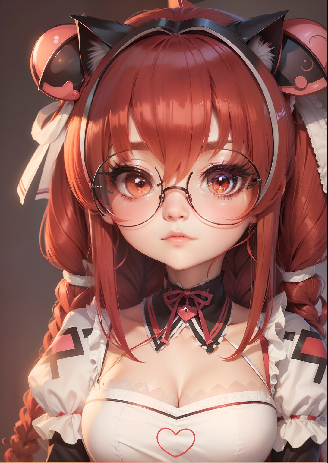 anime girl, glasses, maid, vtuber, cat girl, red hair, blush